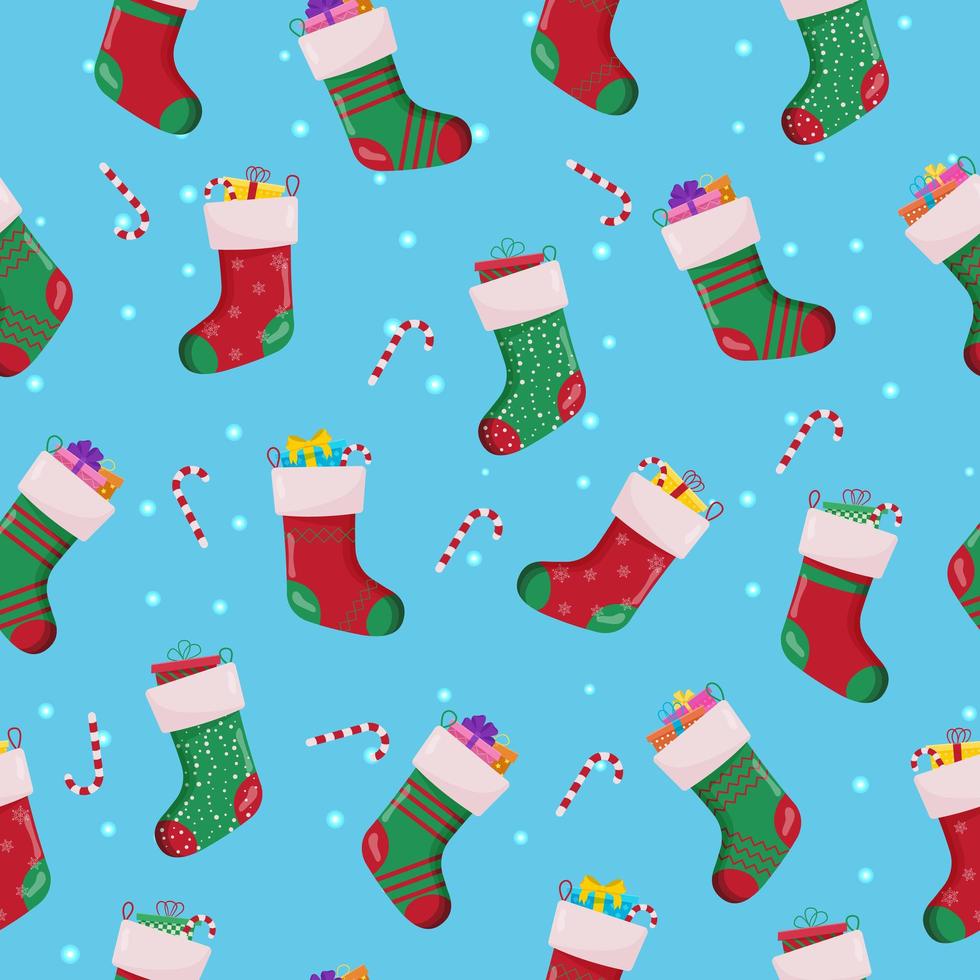 Set of christmas sock in red and green colors seamless pattern. Winter accessories vector