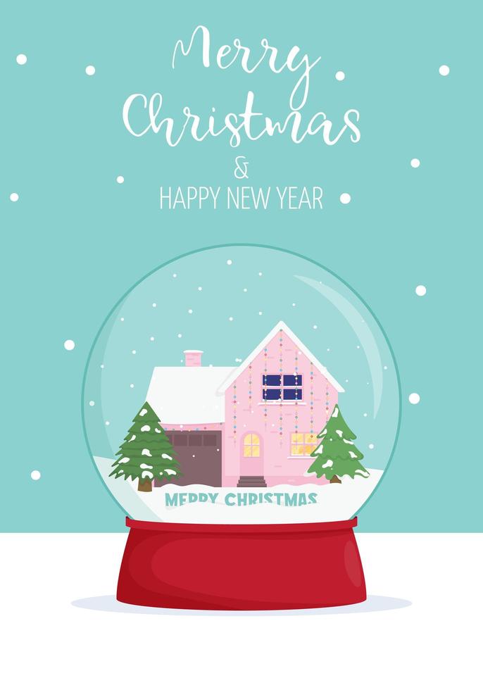 Merry Christmas and new year card. Winter wonderland scenes in a snow globe. Winter card design illustration for greetings, invitation vector