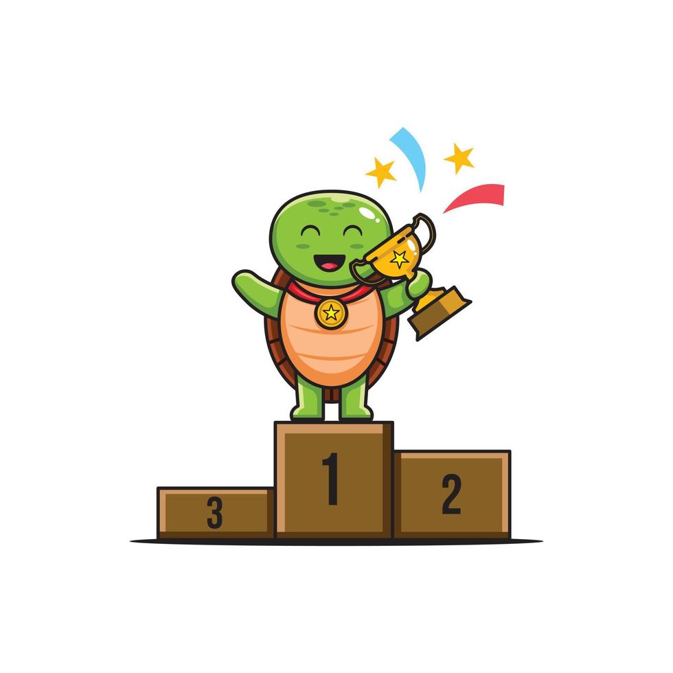 Cute Winner Turtle with Podium Character Logo vector