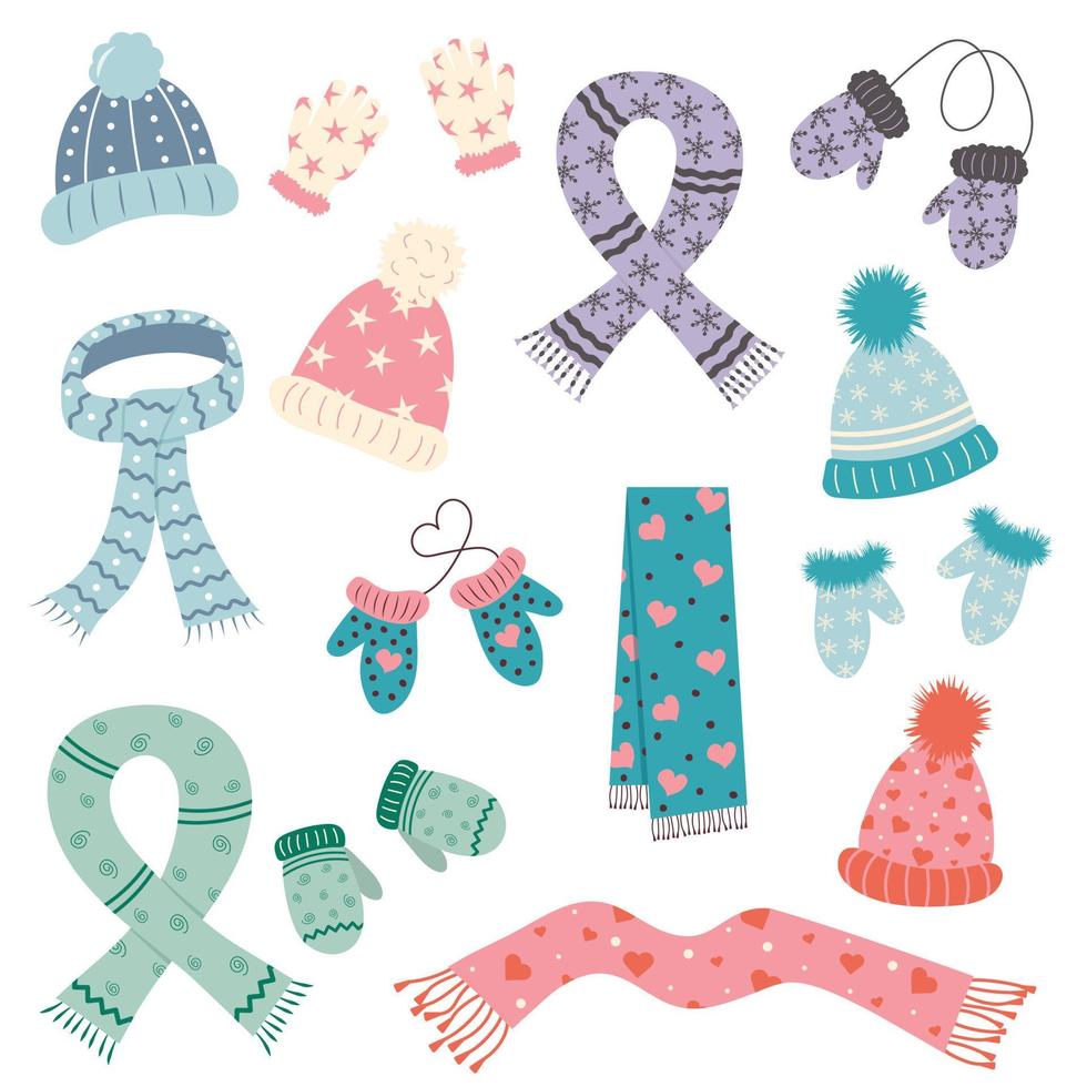 Set of scarfs, mittens, gloves and hats. Cute winter warm knitted clothes. vector