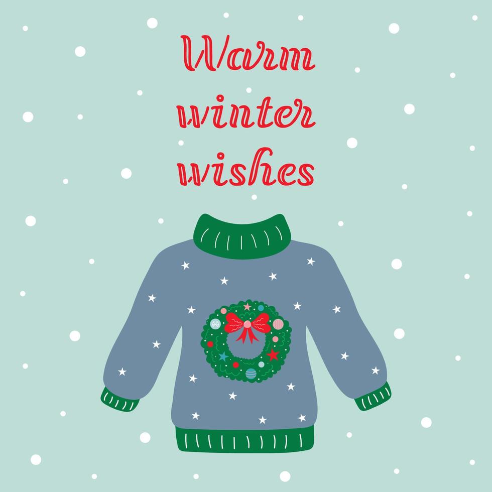 Warm winter wishes text and knitted sweater with christmas wreath. vector