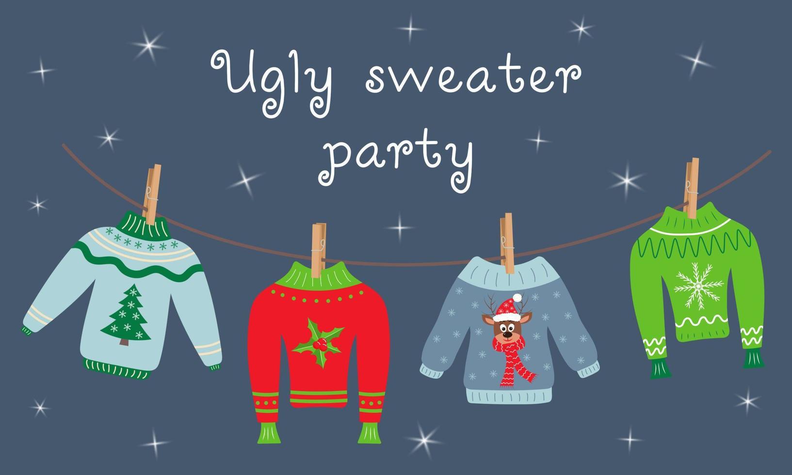 Ugly sweater party text and sweaters hanging on clothespins. vector