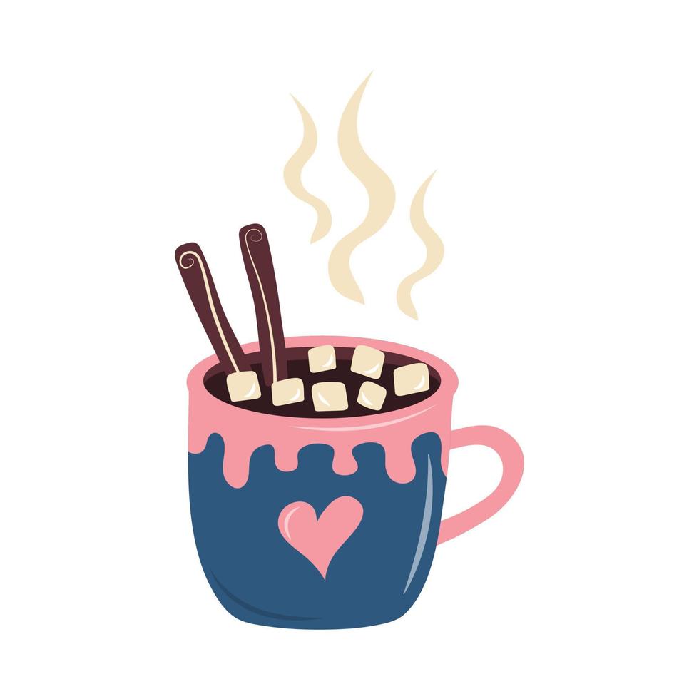 Mug of hot drink with cinnamon and marshmallows. vector