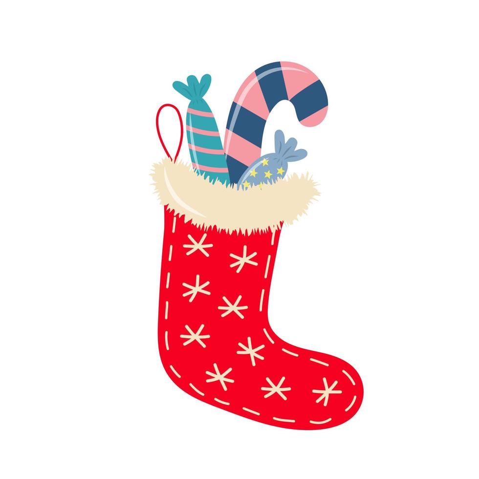 Christmas sock with candies and candy cane. vector