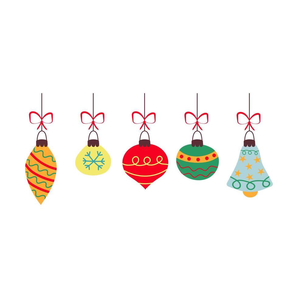 Christmas baubles with bows and different patterns. vector
