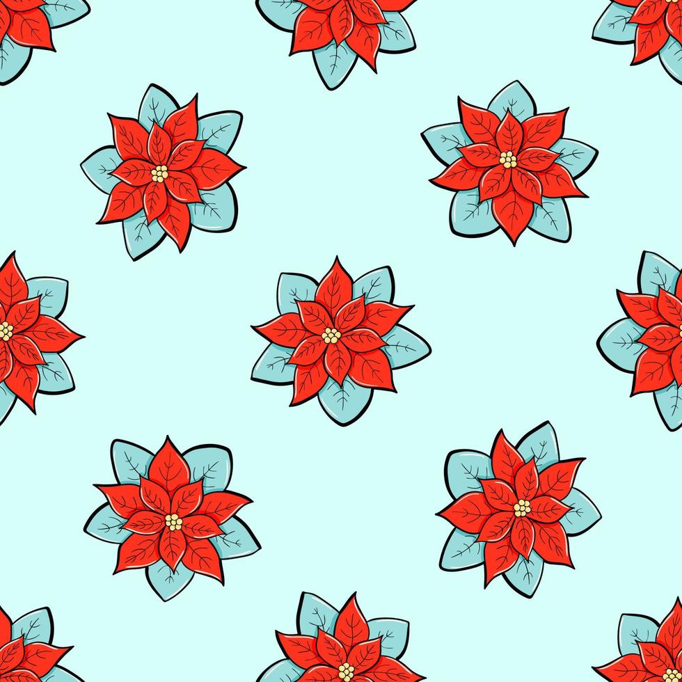 Poinsettia and holly branches vector seamless pattern. Winter flowers doodle sketch in a minimalist style. Trendy illustration for wallpaper, wrapping paper, winter fabric