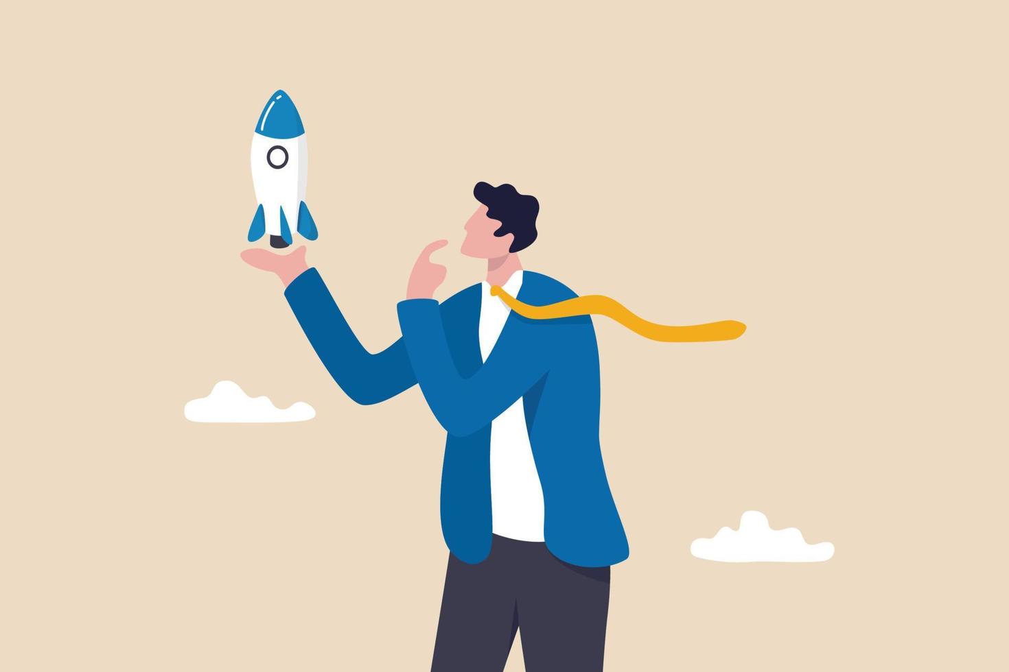 Entrepreneur and startup project, start new business or opportunity to invent new product, innovation or ambition to success concept, confidence businessman holding rocket project thinking for launch. vector