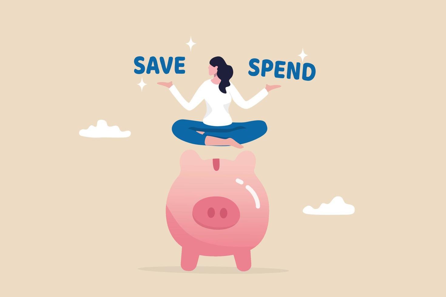 Money decision, save or spend, financial options when receive bonus or extra money, choose to invest or pay off debt concept, doubtful woman lotus sitting on piggy bank balancing save or spend choice. vector