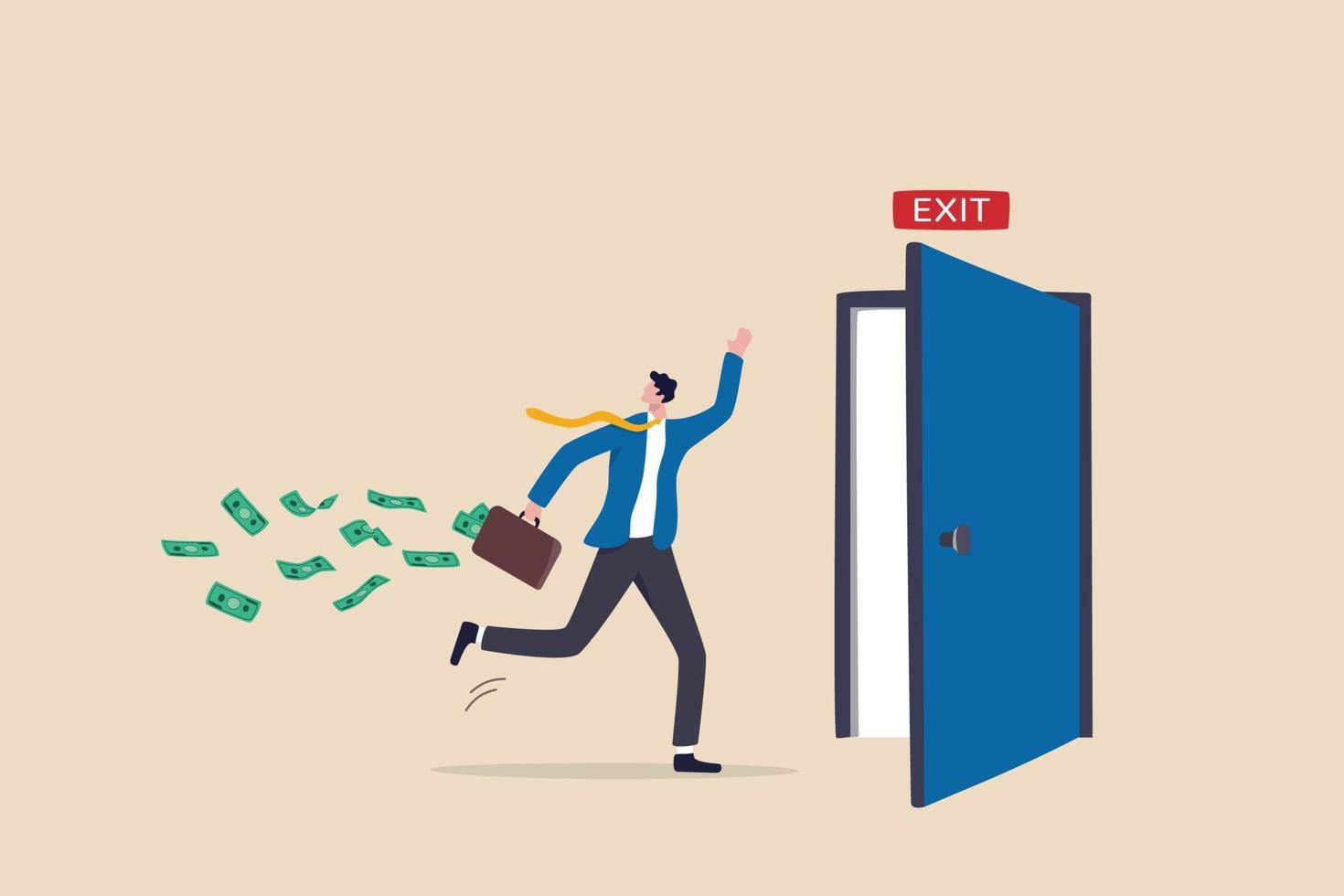 Escape or run away before market drop, best market timing to get away with profit, exit with money to avoid financial crisis concept, businessman investor run away with his profit money to exit door. vector