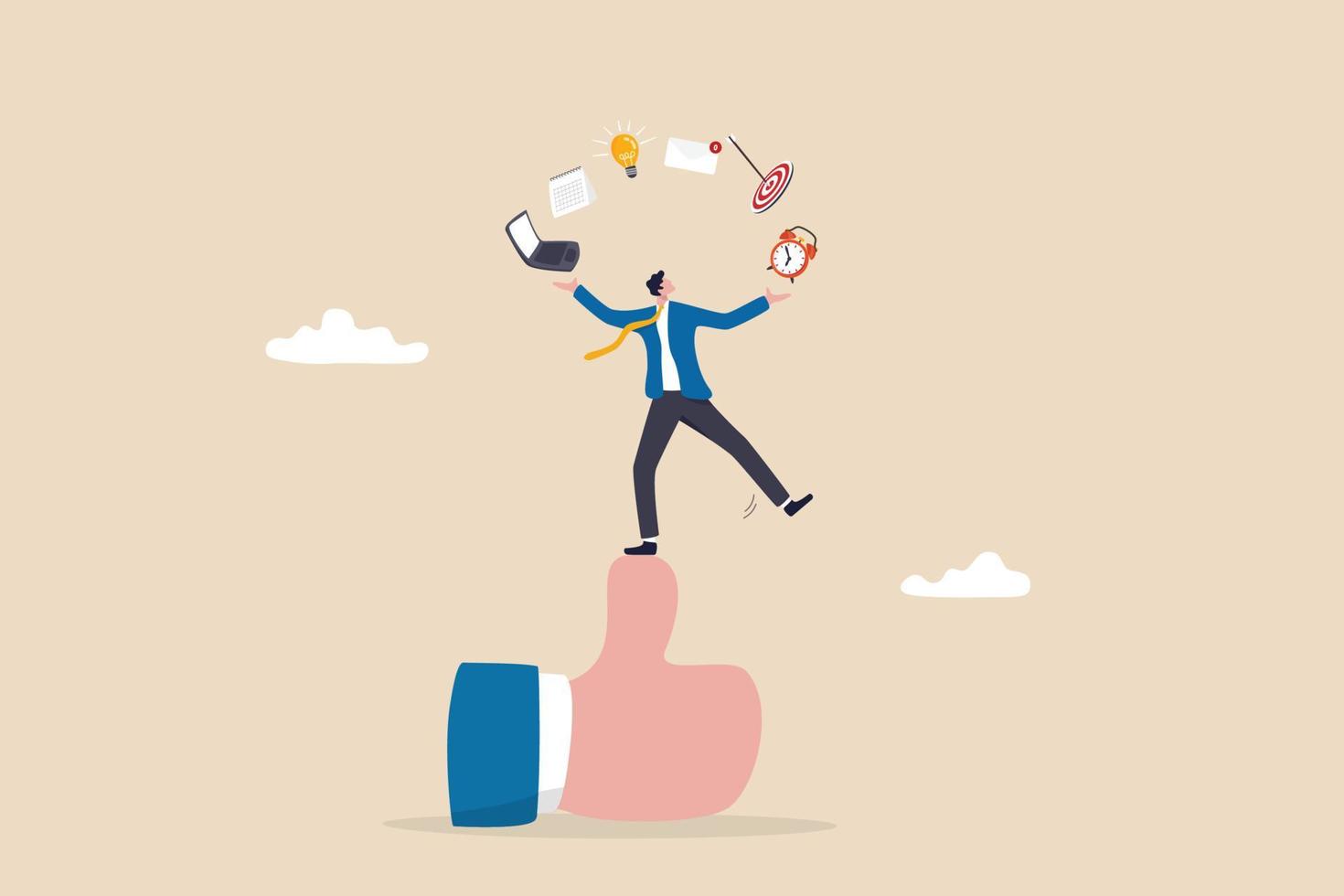 Skills set or competence and ability to success in work, career experience or knowledge for accountability, capability concept, qualified businessman juggling productivity objects on thumb up sign. vector