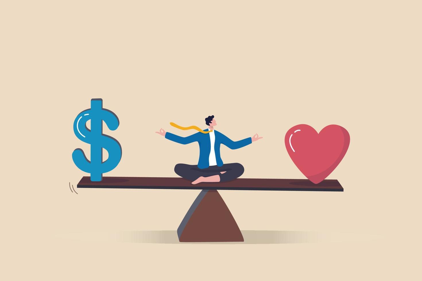 Equilibrio entre la vida laboral, el equilibrio entre la carrera para ganar dinero y la vida personal para disfrutar con usted mismo o el concepto familiar, el empresario de éxito medita en el equilibrio del balancín con el dinero y el símbolo del corazón. vector