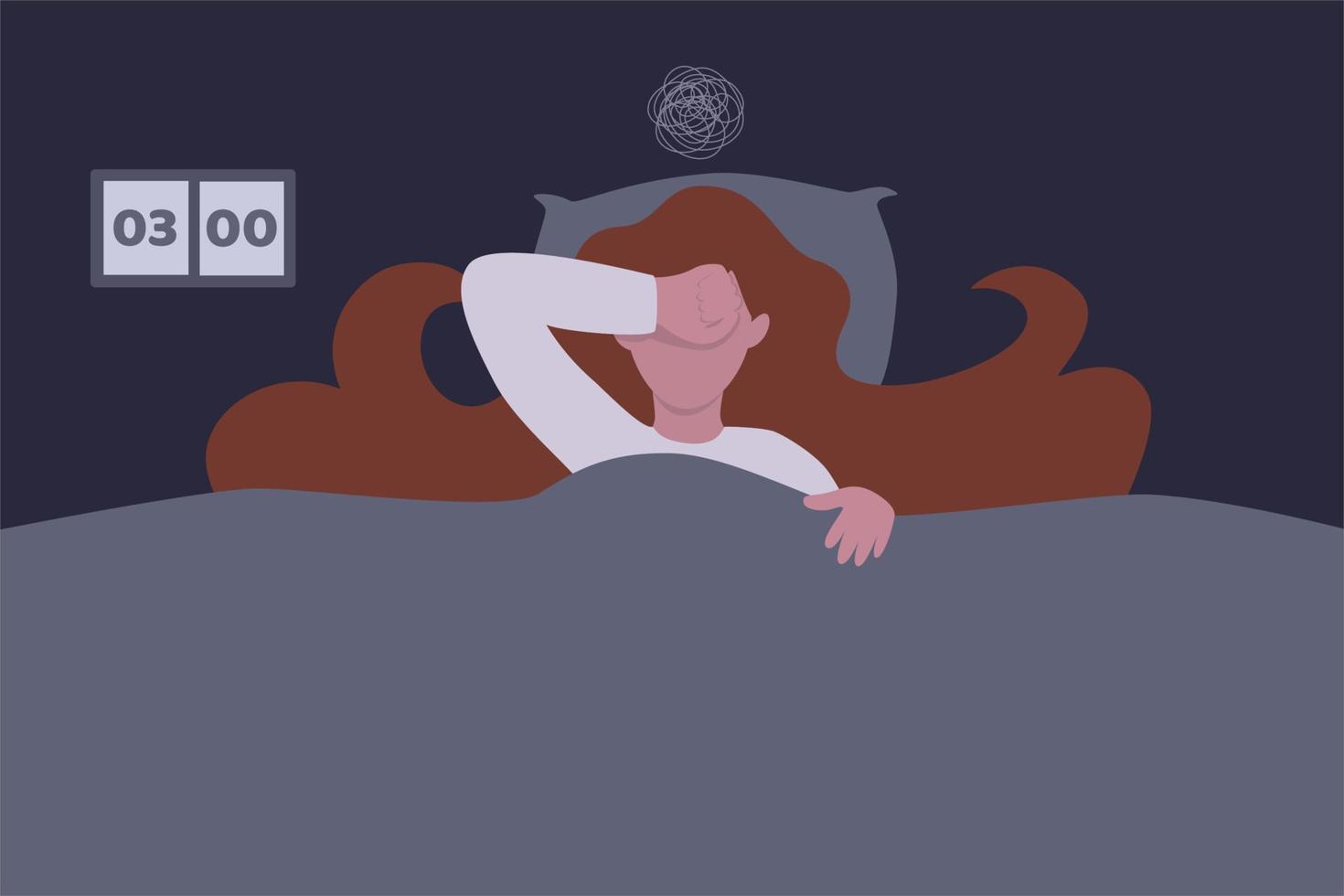 Insomnia make you feel exhausted, restless and sleepy all day, trouble sleeping come from stress, worried, health problem, insomnia woman wake up at night causing depression, frustration and sadness. vector