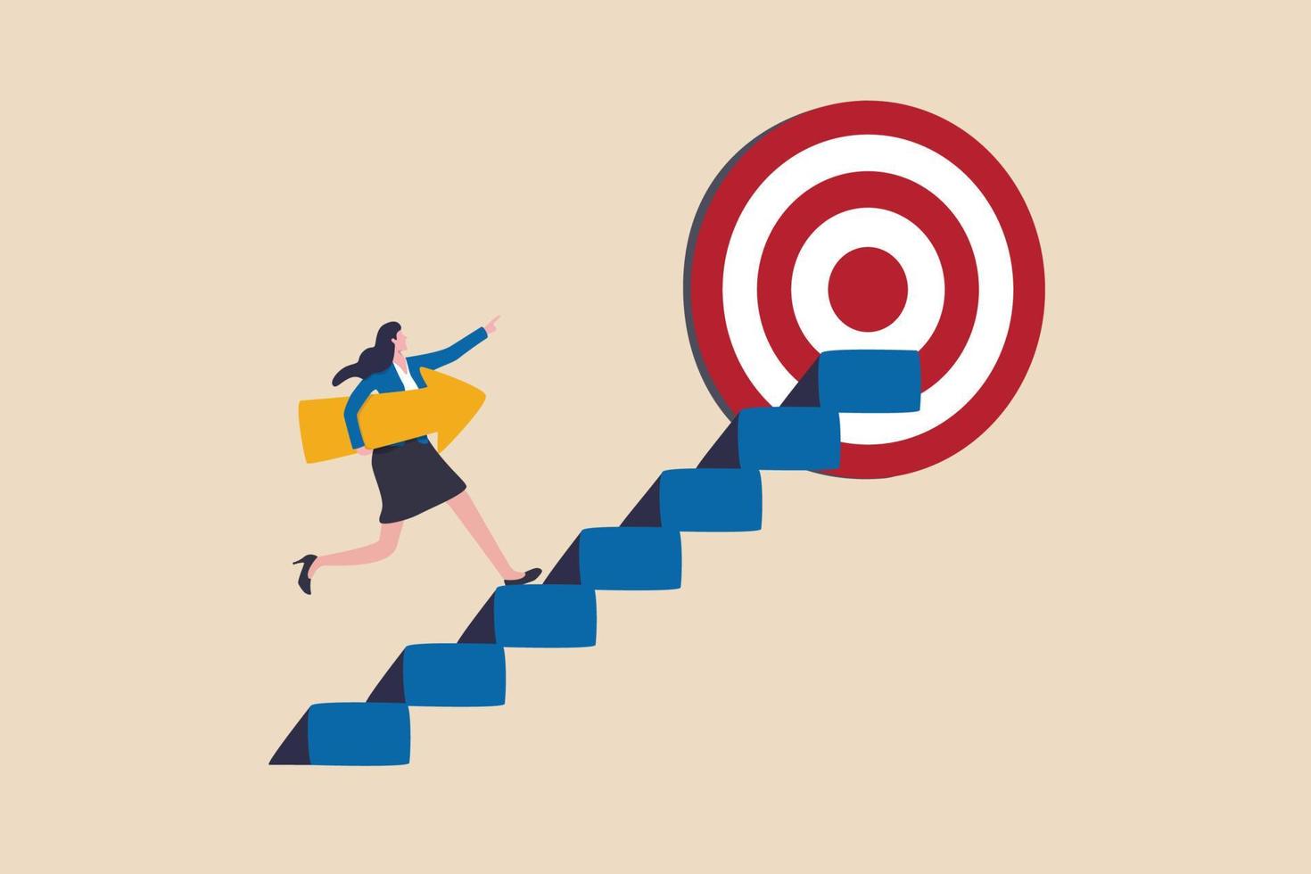 Business progress or career path, step to reach target or business goal, success step or motivation for improvement concept, confidence businesswoman carrying arrow walk up stair to reach target. vector