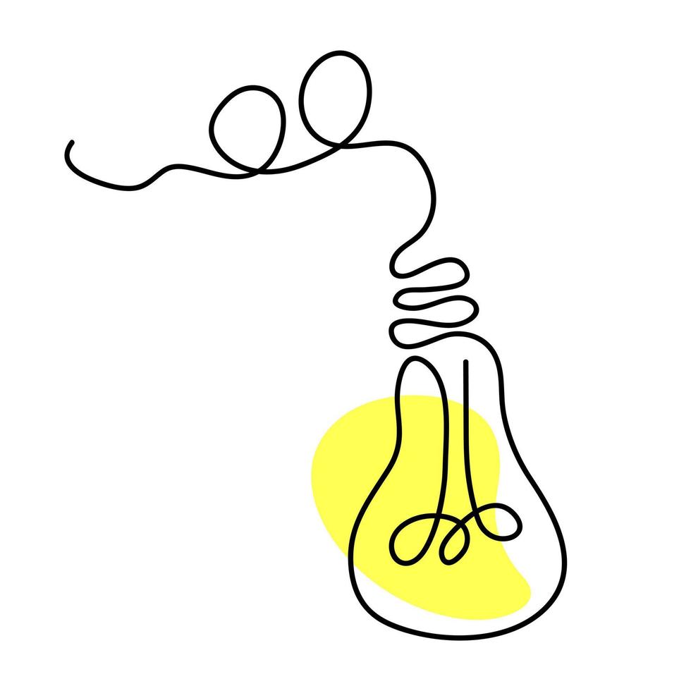 Hanging electric light bulb in line art style with yellow light. vector