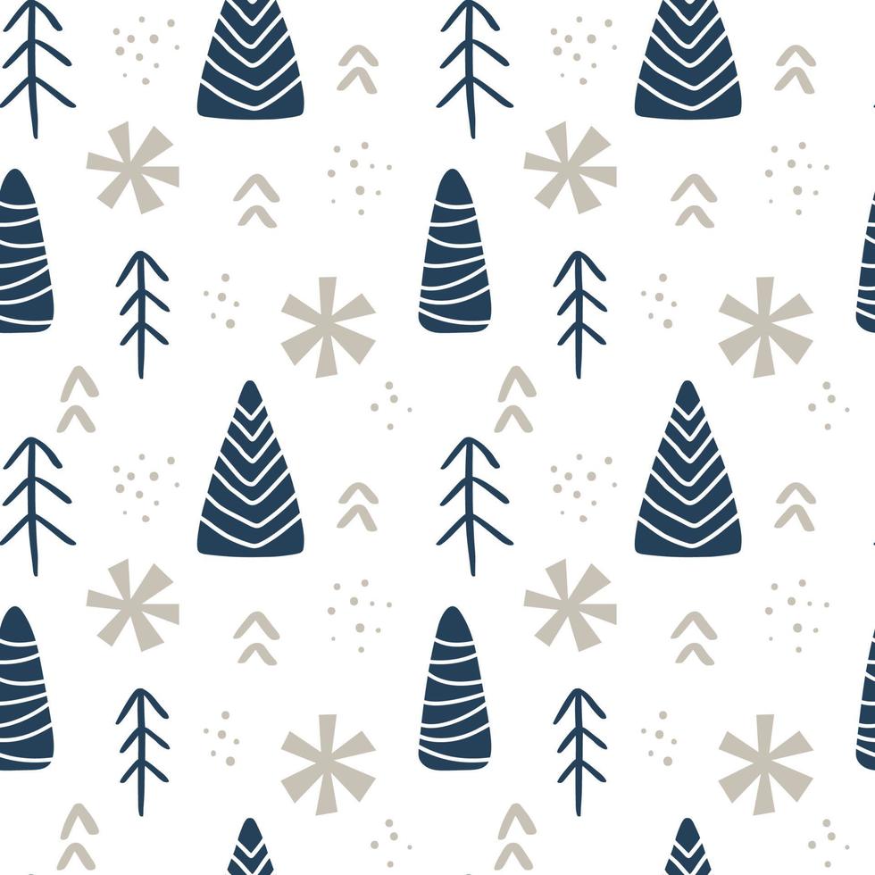 Seamless pattern of hand drawn Christmas tree. Baby Winter forest background. Vector illustration. Cute kids winter Scandinavian background. For children fabric textile cloth, backdrop wallpaper