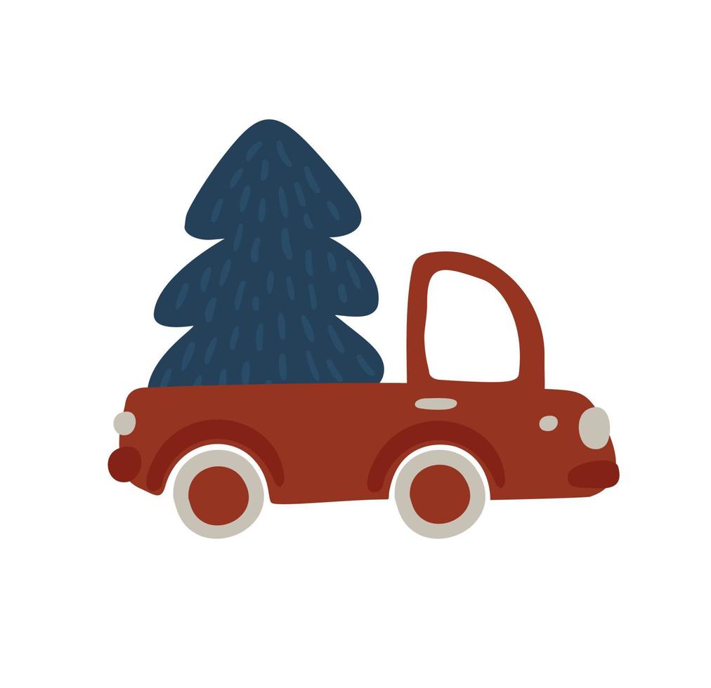 Baby Vector hand drawn car with Christmas tree on white isolated background. Scandinavian cute illustration for kids design textile, greeting card, holiday poster