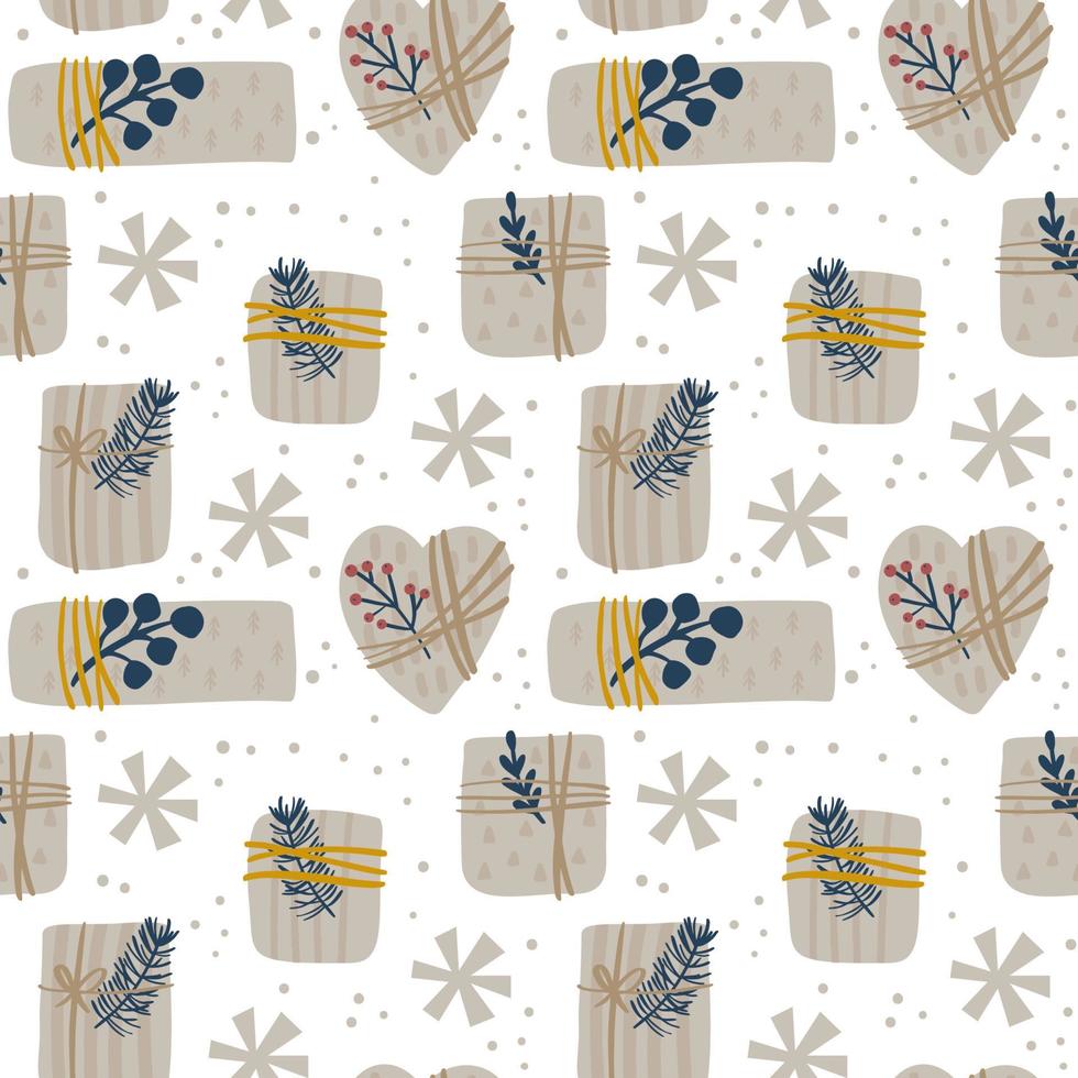 Seamless vector pattern with gift boxes and snowflakes. Creative christmas scandinavian background Illustration