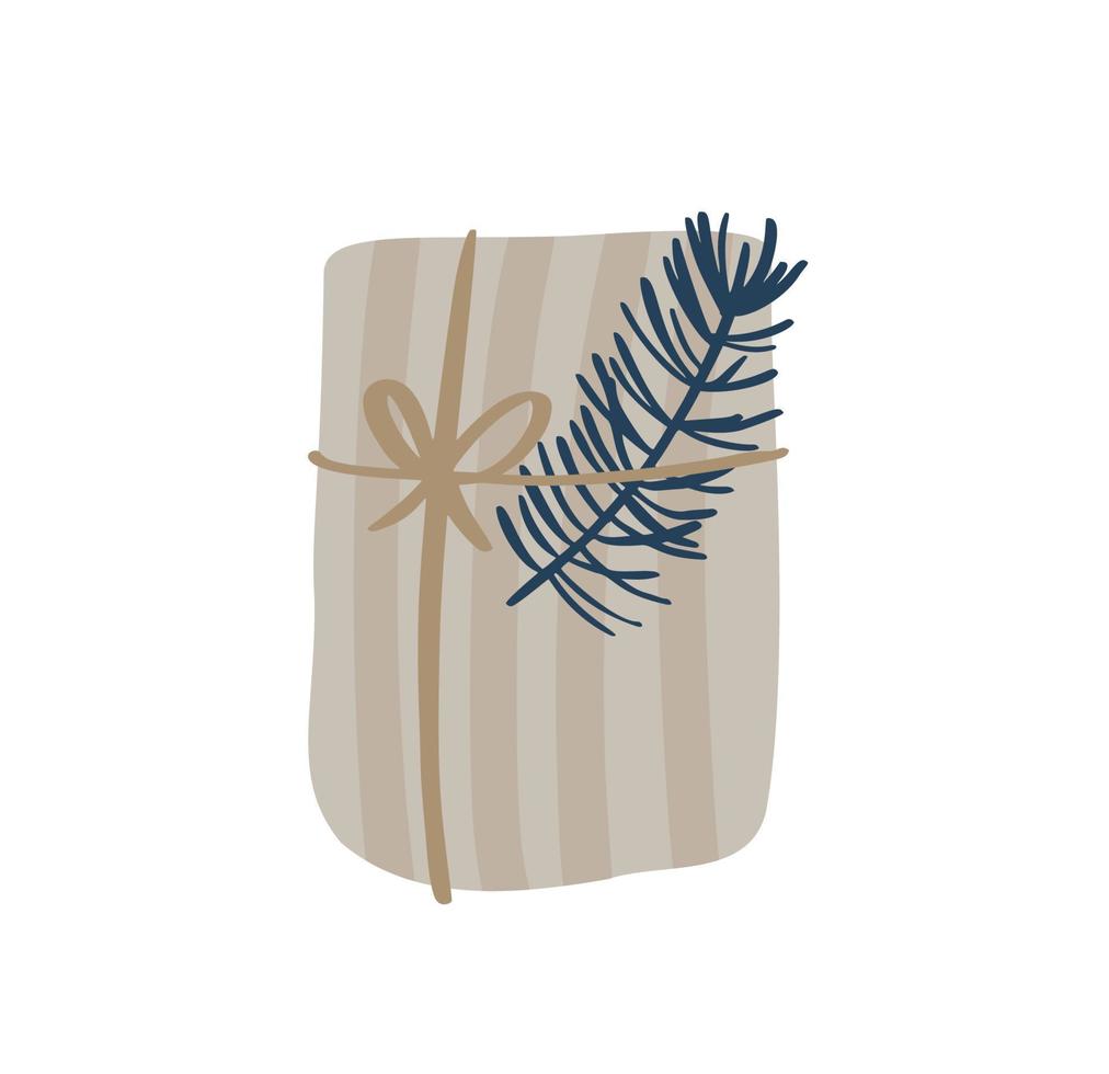 mano simple vector dibujado de caja de regalo escandinava con rama. linda ilustración de Navidad. elemento para vacaciones de año nuevo, cumpleaños.