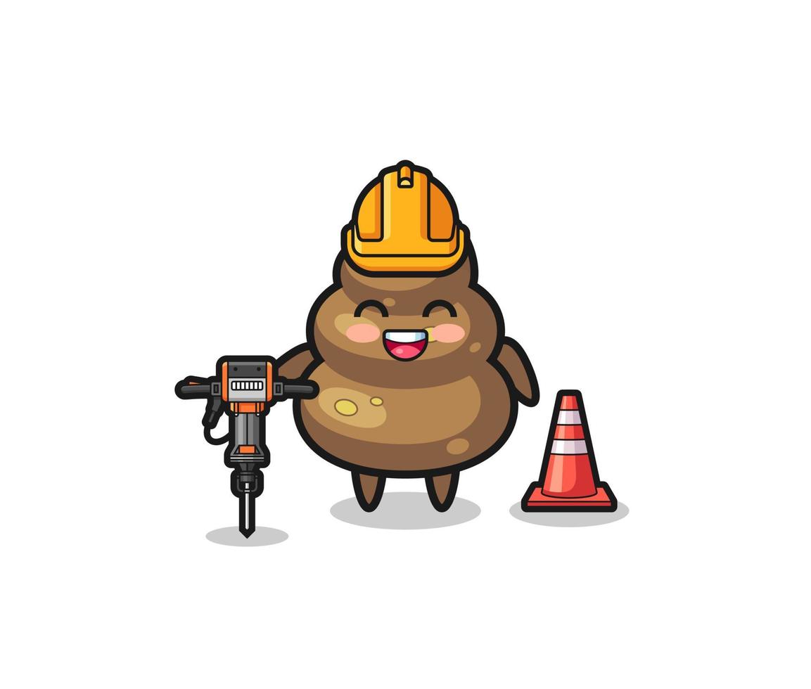 road worker mascot of poop holding drill machine vector