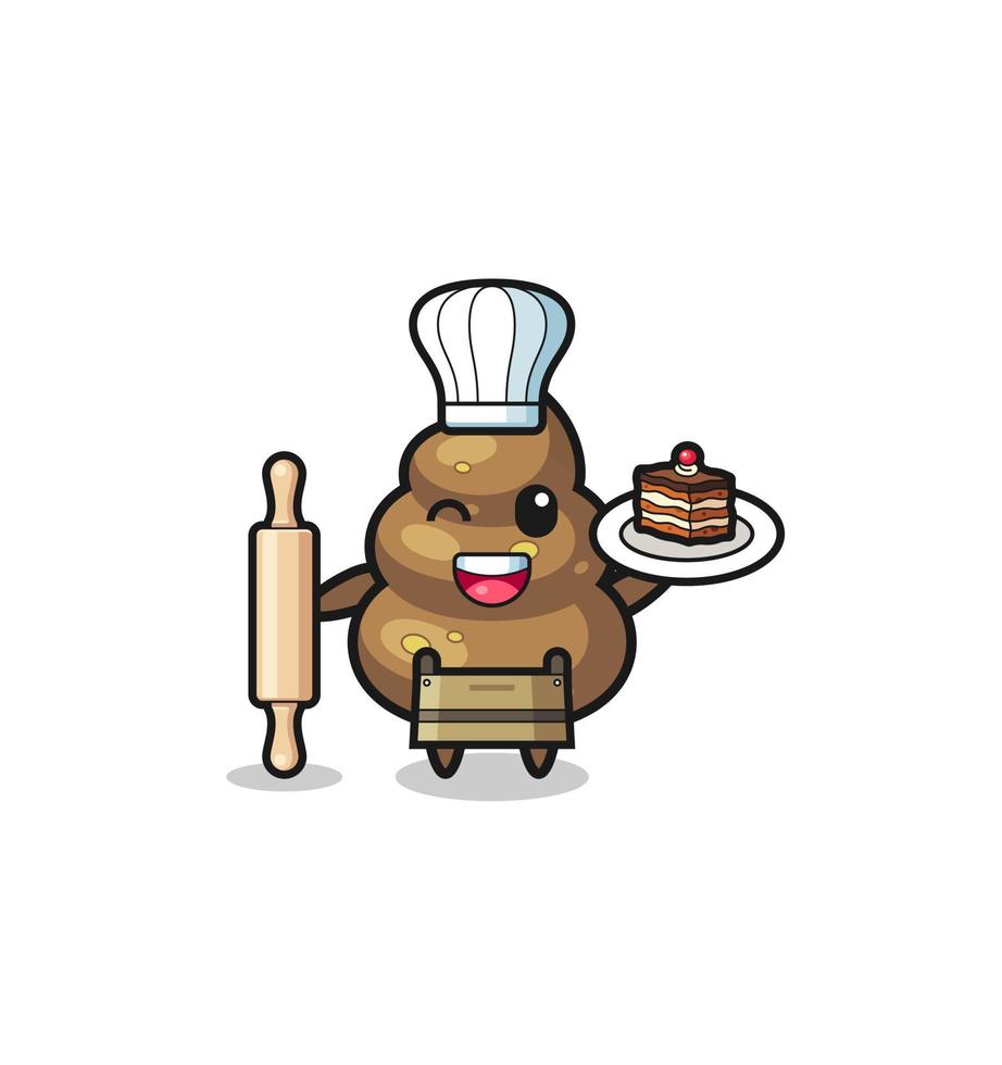 poop as pastry chef mascot hold rolling pin vector