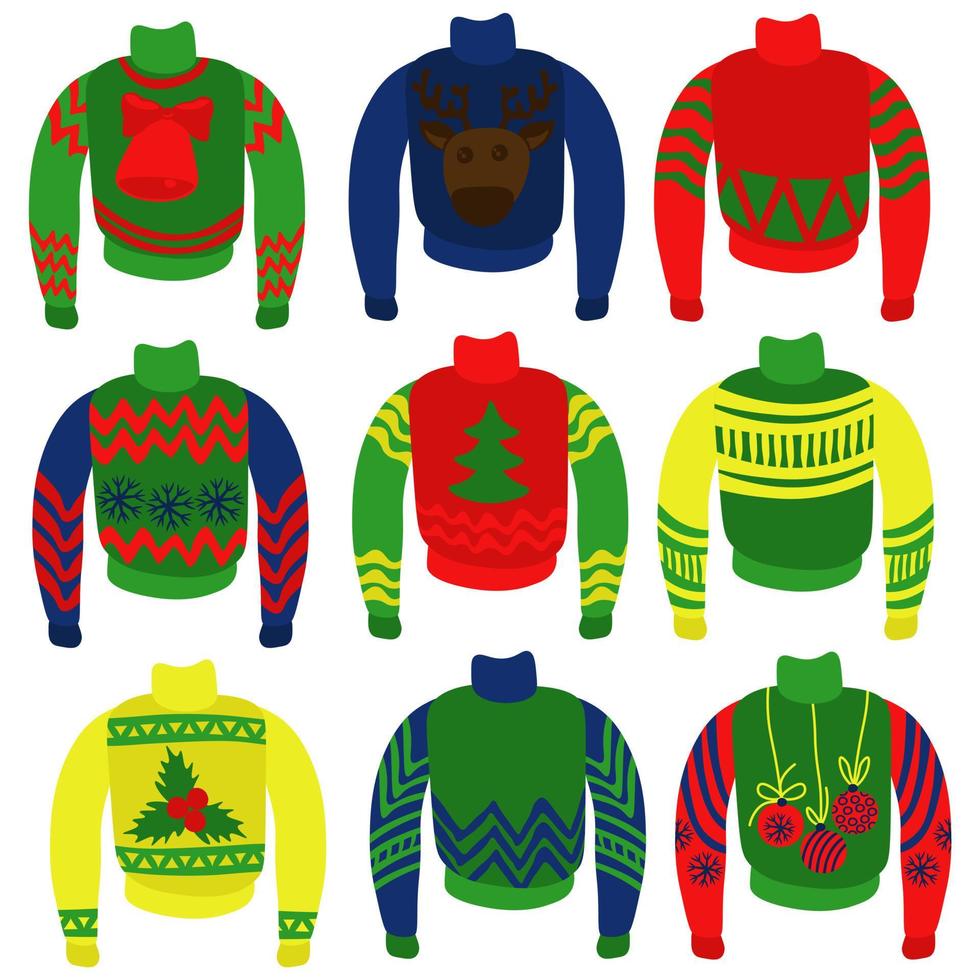 Ugly sweaters set, festive Christmas pullovers with different patterns vector