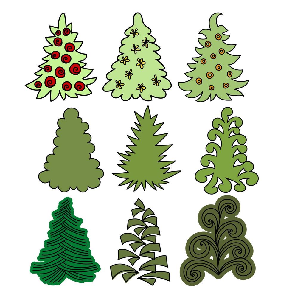 Set of Christmas trees with or without decorations, stylized images of a festive green tree vector