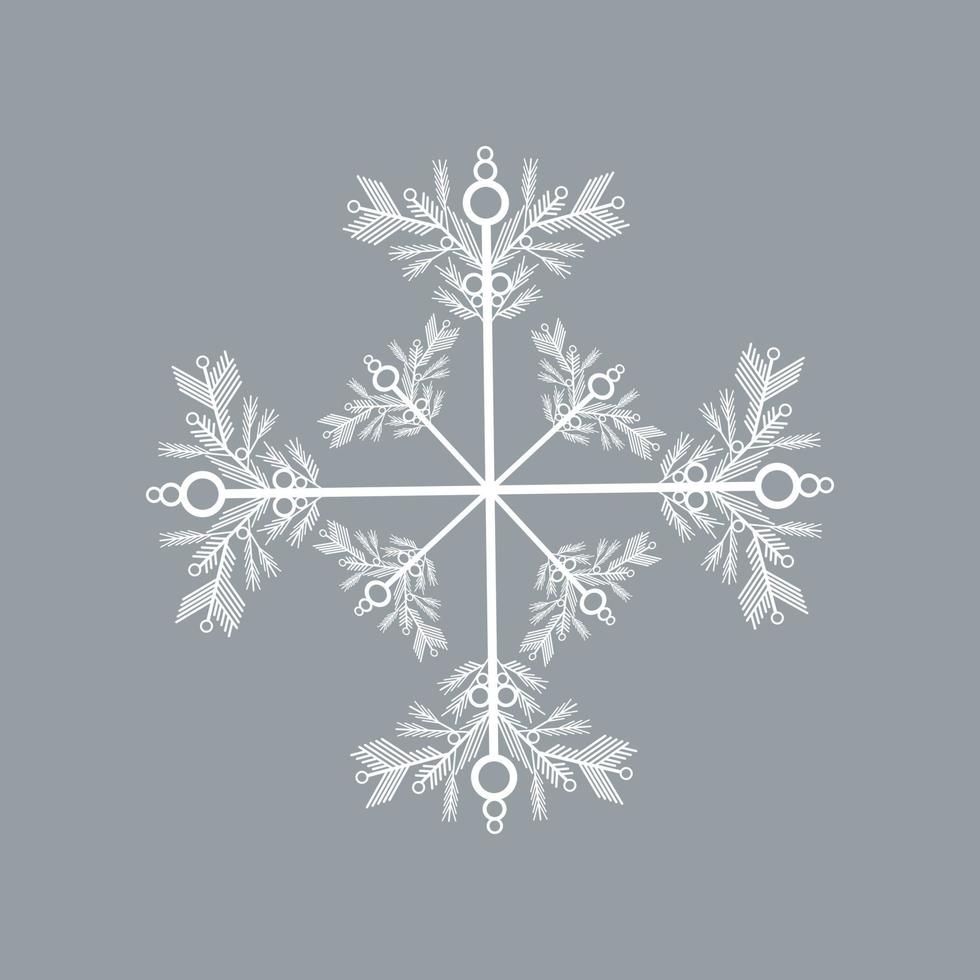 Openwork white snowflake on a gray background, frosty pattern with long and short rays, round elements and symmetrical strokes vector