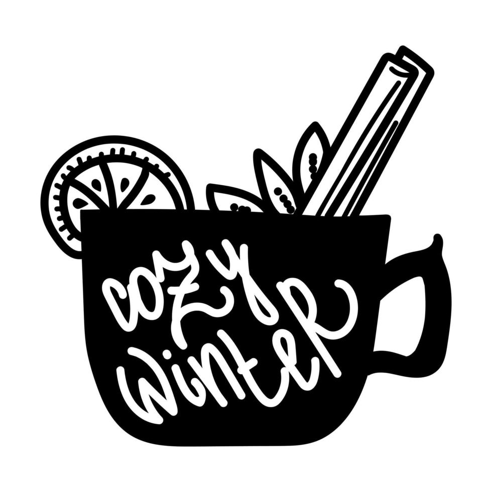 Cozy winter, silhouette of a cup with a hot drink and an inscription, negative space illustration, mulled wine with lemon, anise and cinnamon vector