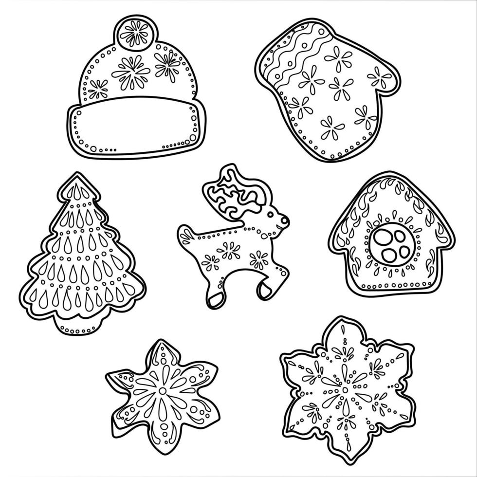 Esquema de pan de jengibre en forma de sombrero, un árbol de Navidad, un ciervo, guantes, copos de nieve, una casa, página para colorear de vectores
