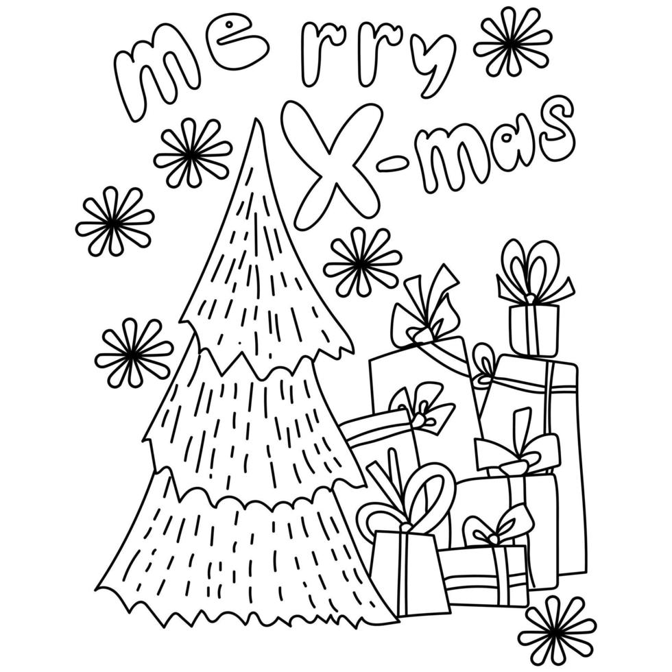 Merry Xmas, Greeting card festive coloring page with christmas tree and gifts vector
