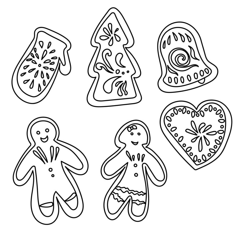 Doodle gingerbread outline, Christmas coloring page, various x-mas cookies, cute vector illustration