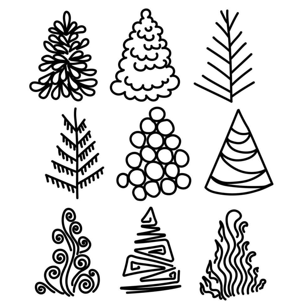 A set of stylized Christmas trees, contour drawings in the form of a festive tree from various simple shapes and lines vector