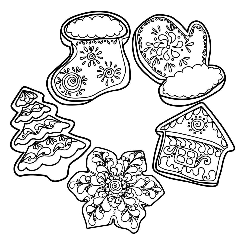 Set of gingerbread outline vector illustration, holiday food coloring page