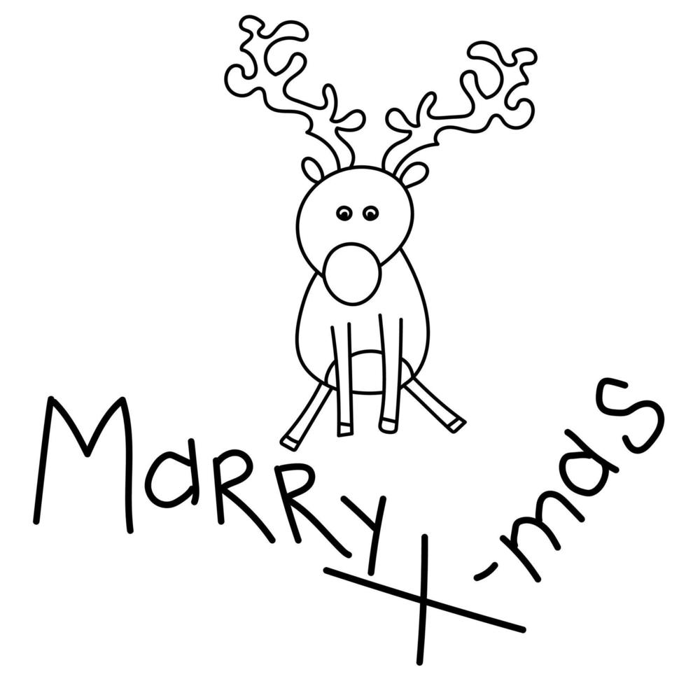 X-mas card with cute deer, outline vector illustration, doodle character