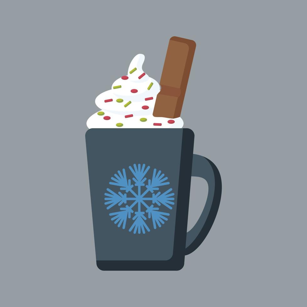 bebida caliente con crema batida y chocolate, copa navideña con copo de nieve, bebida navideña con crema, chocolate y polvos de colores vector