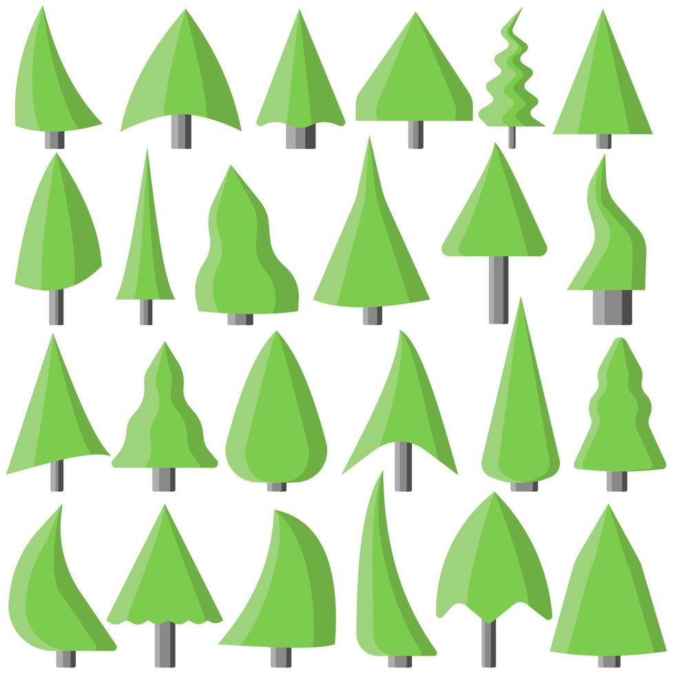 conjunto de árboles de navidad, atributos navideños en estilo plano, árbol verde festivo de varias formas y tamaños vector