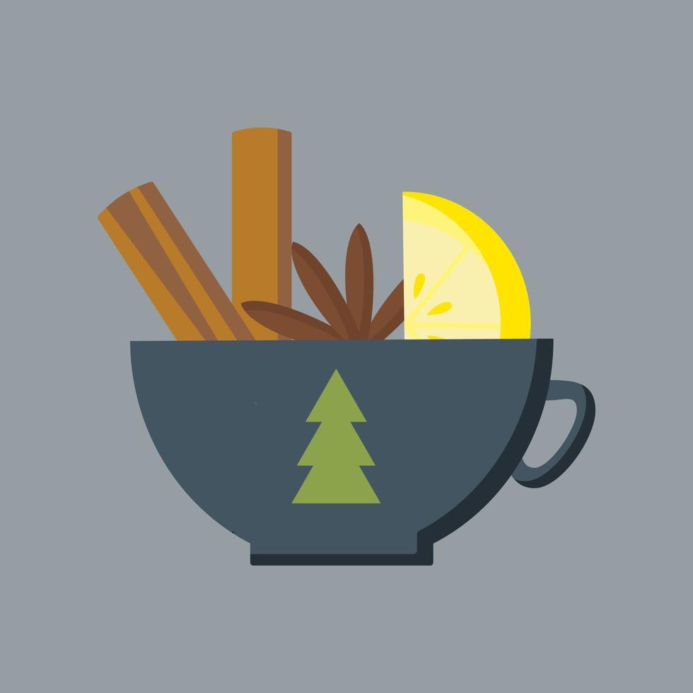 Wide cozy cup with mulled wine, hot drink with cinnamon, anise and citrus fruit, decorative cup with a picture of a green Christmas tree vector