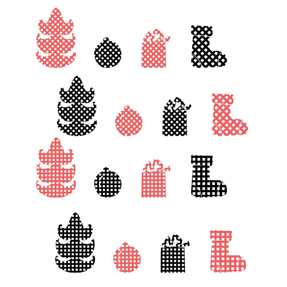 Set of checkered Christmas silhouettes in red and black color with straight and oblique cage, fir tree, gift, ball and sock vector