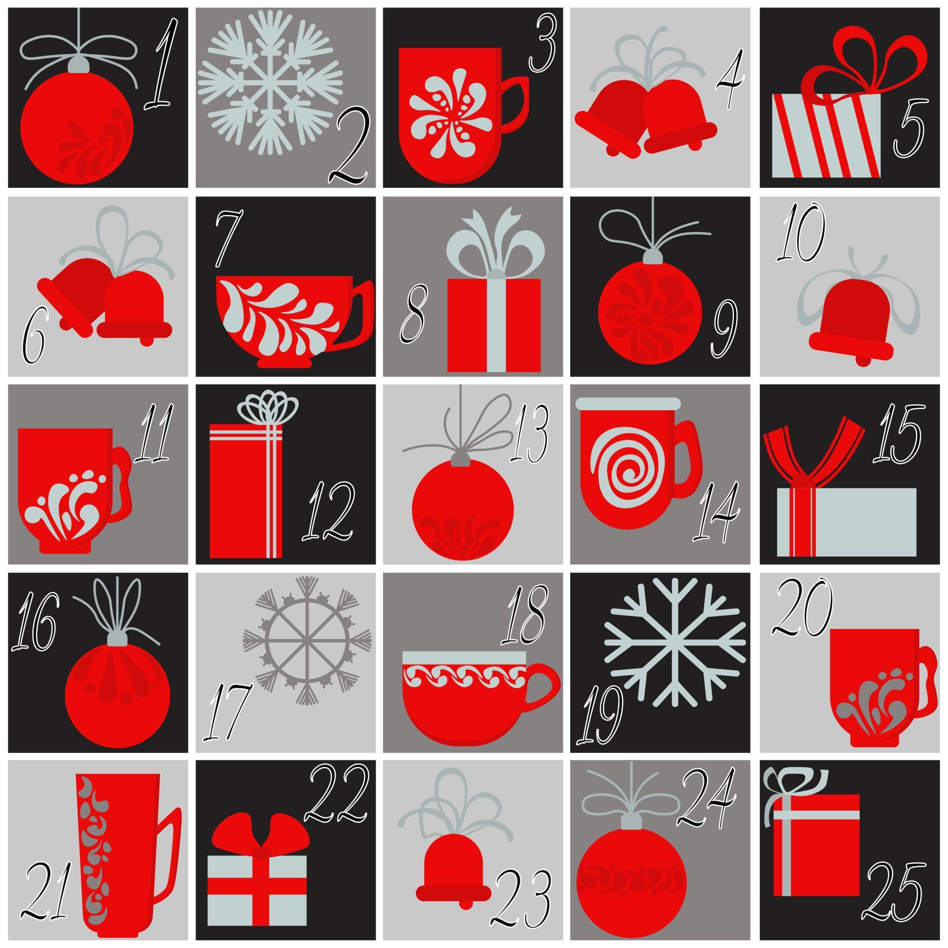 Advent calendar in red-gray colors, set of cards with festive christmas ...