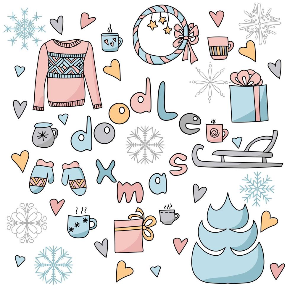 conjunto de doodle navideño de cosas acogedoras, artículos de invierno y accesorios de vacaciones, cositas lindas vector