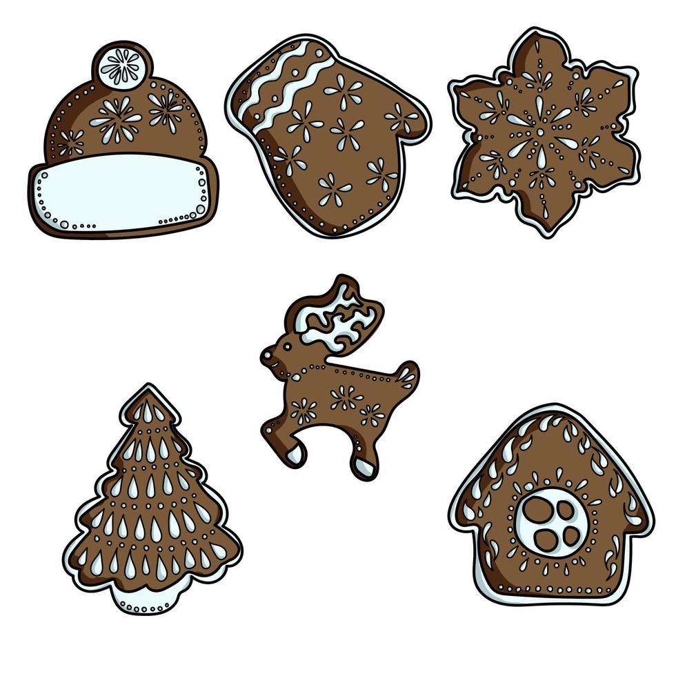 Set of brown gingerbread, decorated with icing, pastries in the shape of a house, a hat, a mitten, a snowflake, a deer, a Christmas tree, vector hand draw illustration