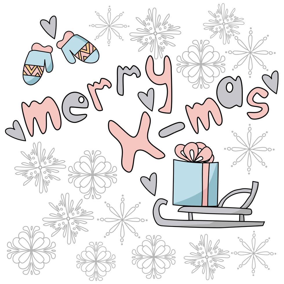 postal de feliz navidad. trineo con caja de regalo y guantes de doodle, letras navideñas y copos de nieve ornamentados vector