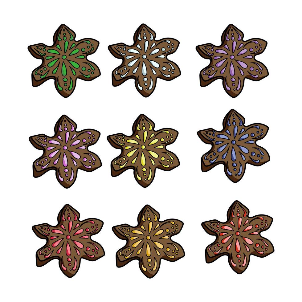 Conjunto de pan de jengibre como copos de nieve con diferentes colores de glaseado, pan de jengibre marrón para Navidad, ilustración de sorteo de mano de vector