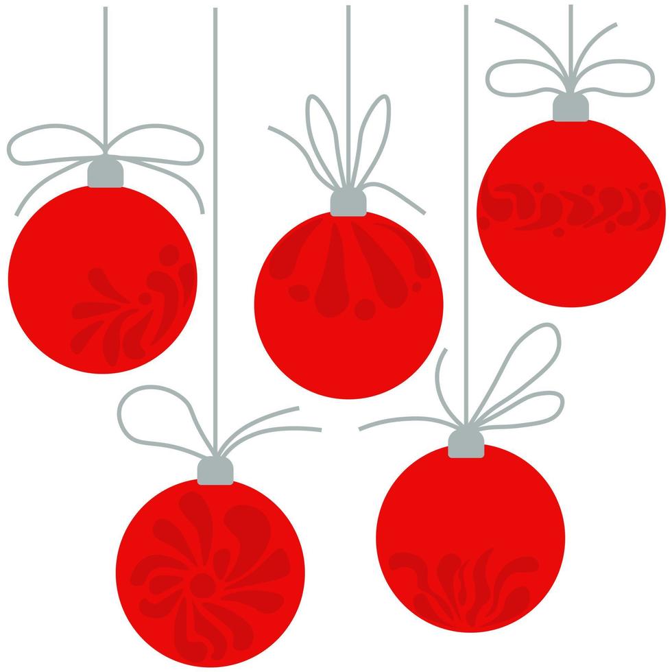 Set of Christmas balls in a flat style, bright red X-mas toys with ornate patterns vector