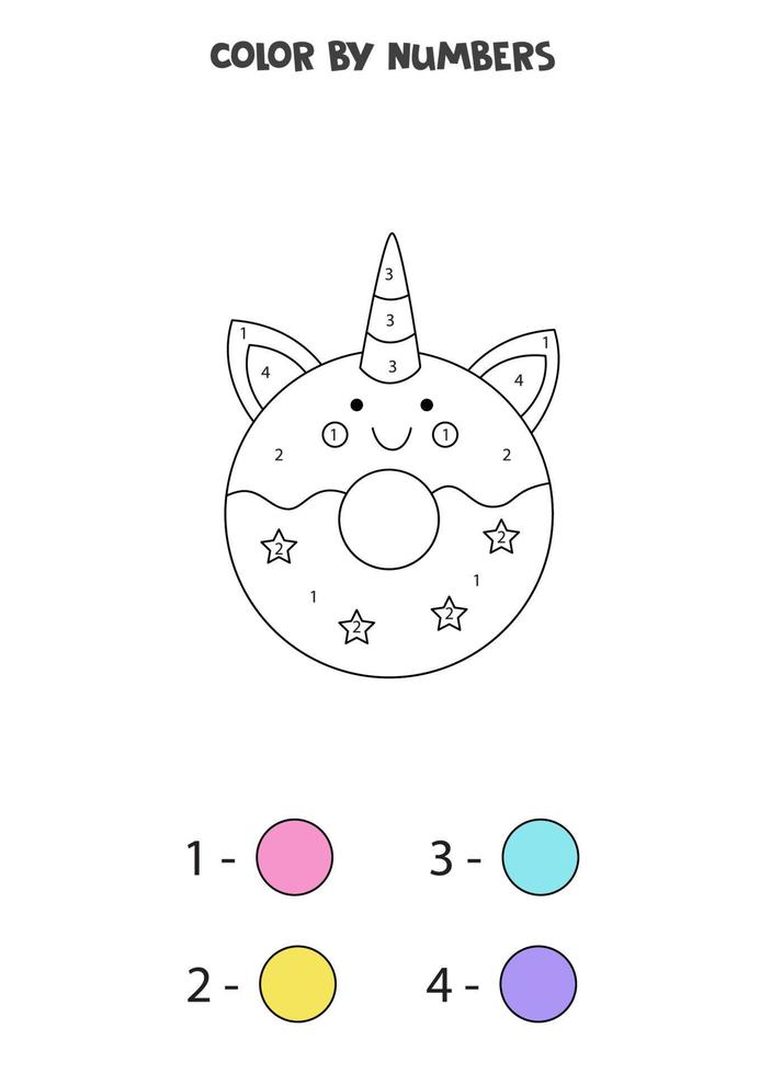 Color unicorn donut by numbers. Worksheet for kids. vector