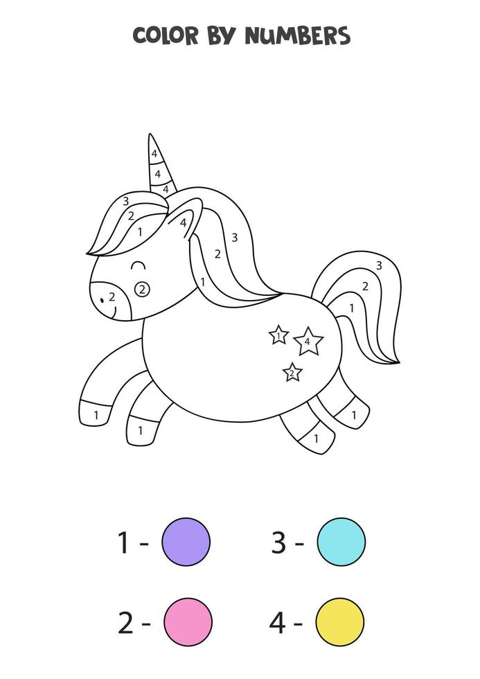 Color cute cartoon unicorn by numbers. Worksheet for kids. vector