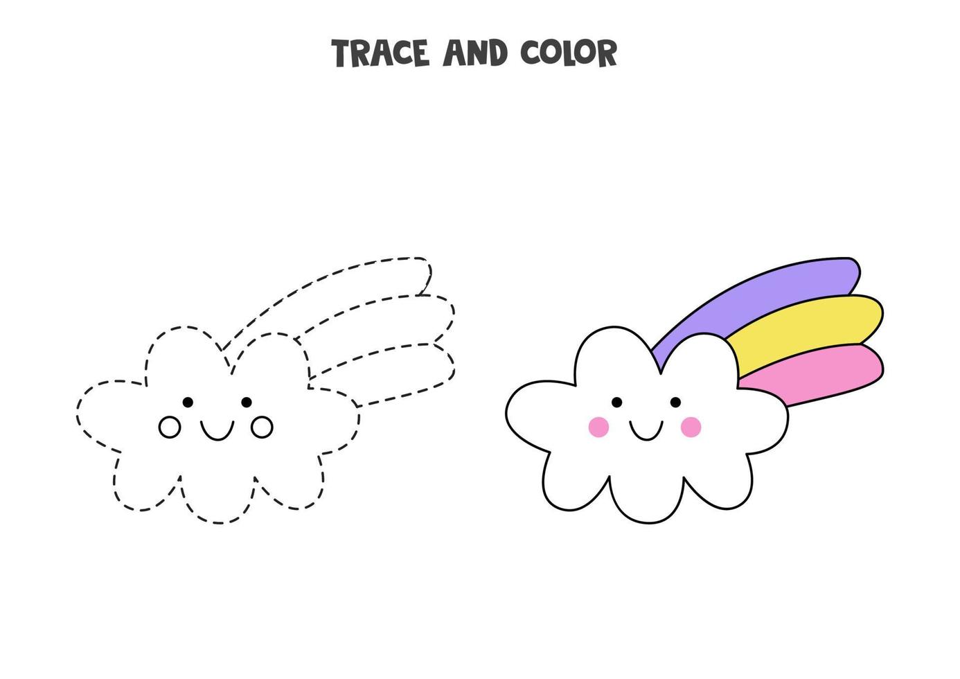 Trace and color cute rainbow cloud. Worksheet for girls. vector