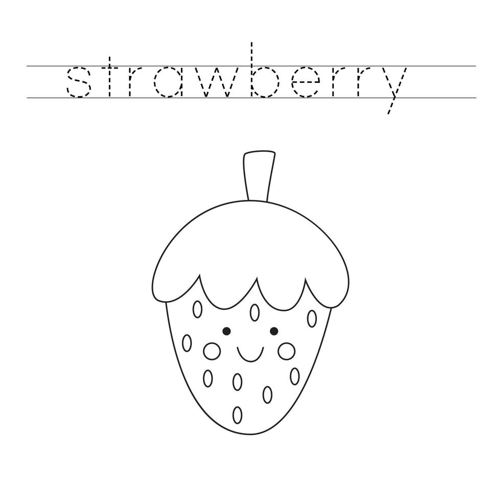 Trace and color cartoon strawberry. Worksheet for girls. vector