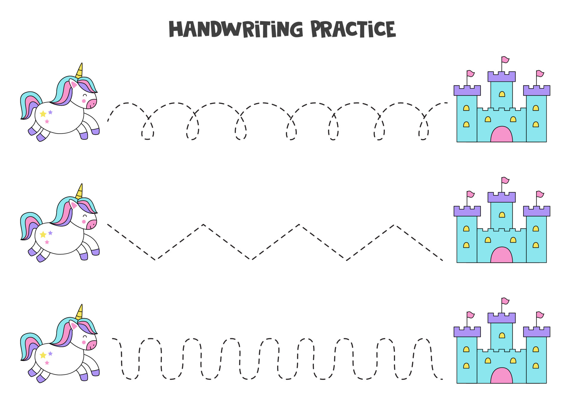 Tracing lines with cute castle and unicorn. Writing practice. 4671531