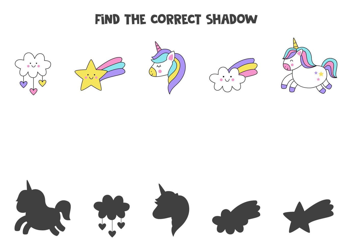 Encuentra las sombras correctas de lindas imágenes de unicornios. rompecabezas lógico para niños. vector